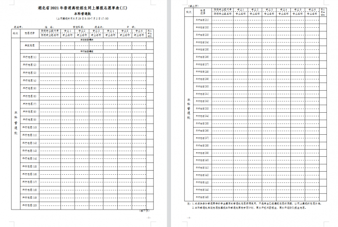 2021年湖北普通高校招生志愿草表及填写说明