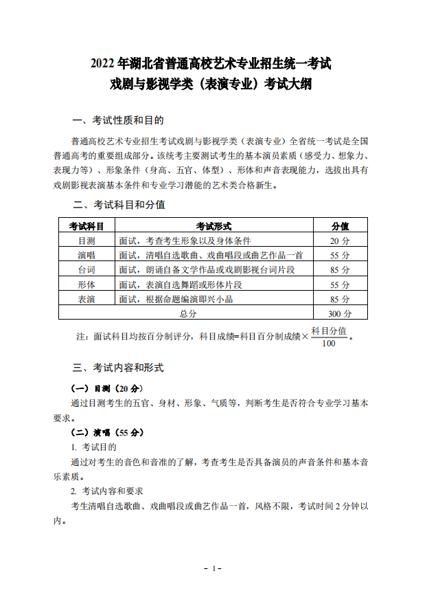 2022年湖北省艺术统考（表演专业）考试大纲