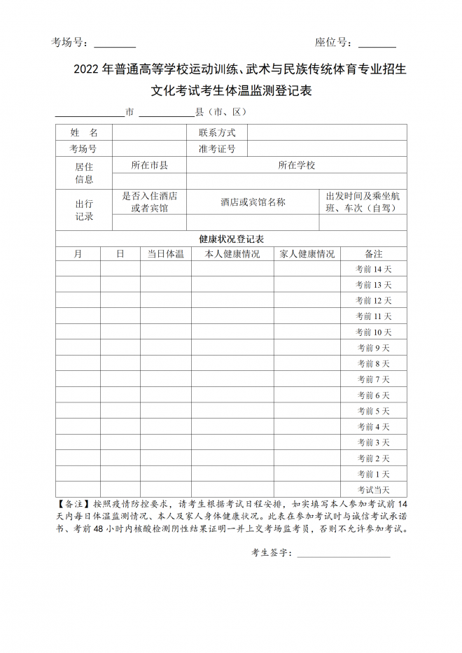 2022年山西高校运动训练、武术与民族传统体育专业招生文化考试公告